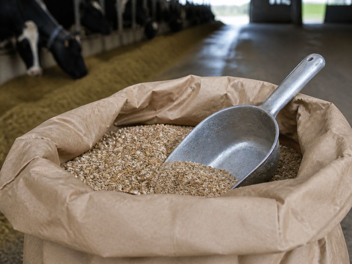 Offener Futtersack mit Schaufel am Futtertisch