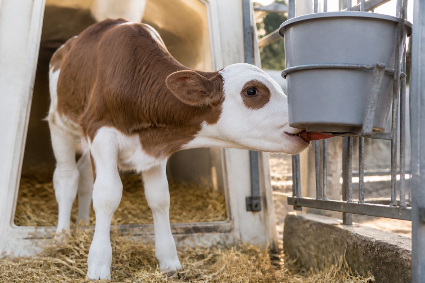 Kalb trinkt am Tränkeeimer vor dem Kälberiglu