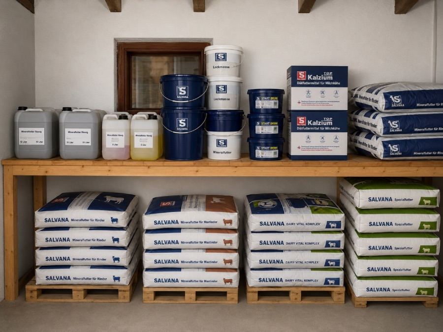 Regal mit flüssigem Mineralfutter, Leckmassen und Sackware
