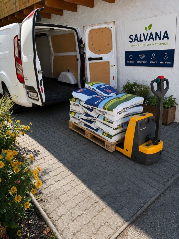 Palette Salvana Sackware wird mit dem Hubwagen zum Lieferwagen gebracht