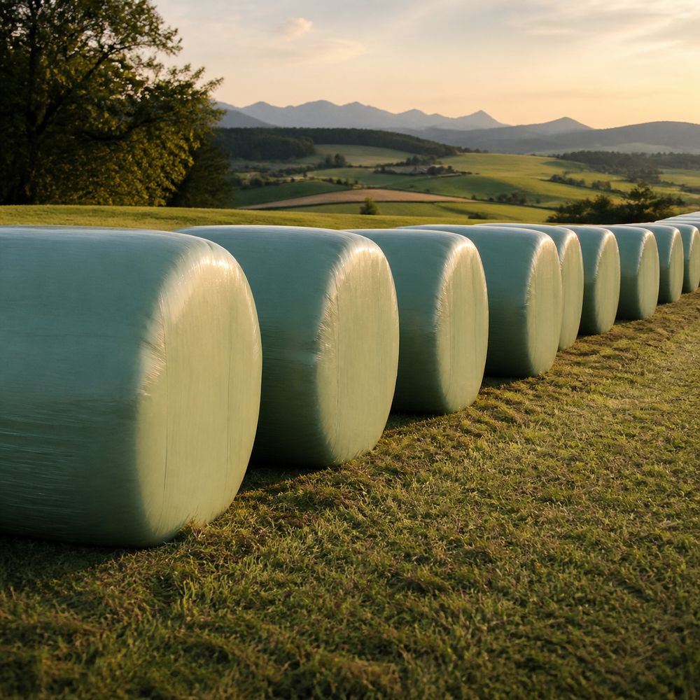 Reihe gewickelter Silageballen am Feldrand