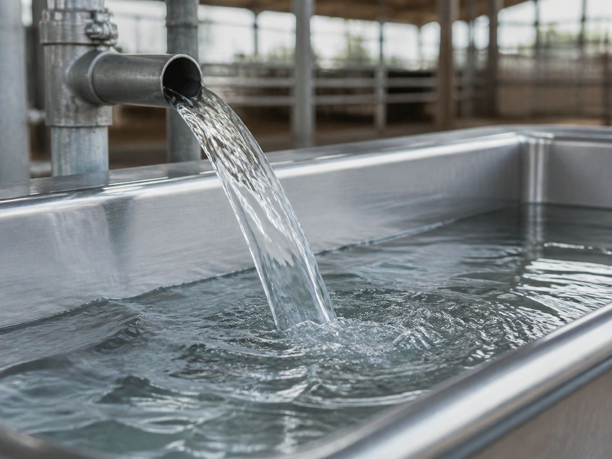 Frisches Wasser läuft in eine Edelstahltränke im Stall