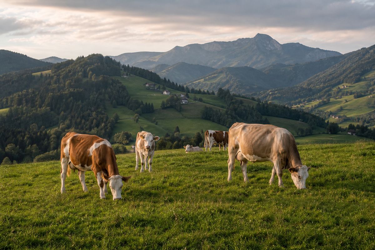 Fleckvieh-Kühe auf der Weide im oberösterreichischen Voralpenland