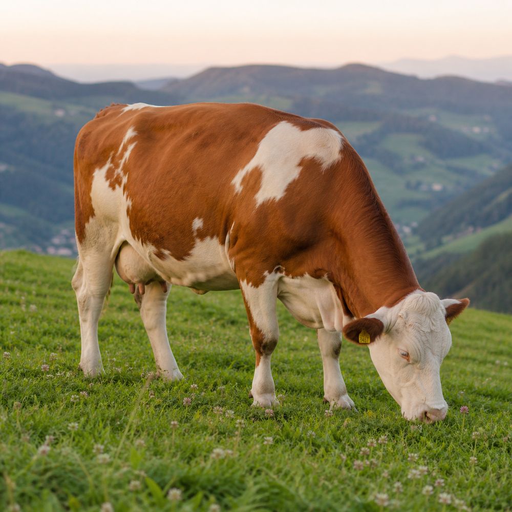 Weidende Fleckvieh-Kuh im Bergland